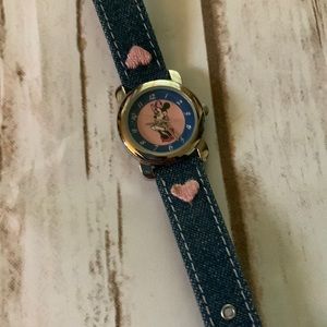 Disney Minnie Mouse heart watch , denim band with embroidered pink hearts